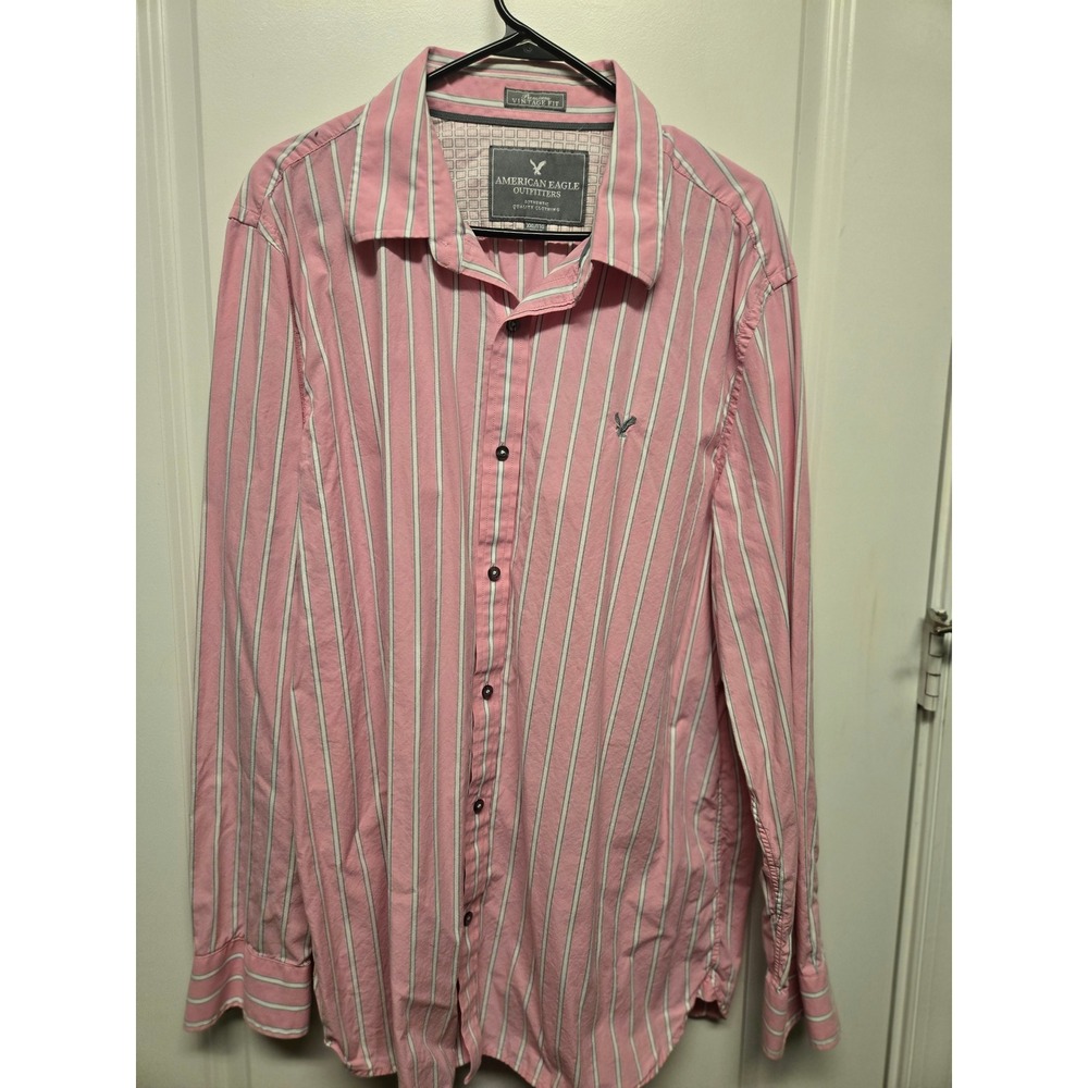 American Eagle Mens XXL Pink White Striped Button Down Shirt Premium Vintage Fit